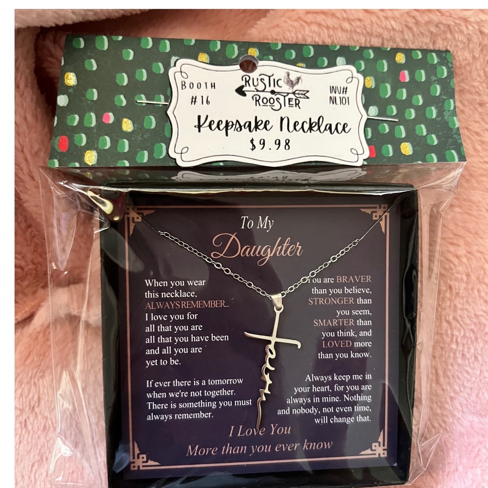 Rustic Rooster To My Daughter Faith Cross Keepsake Necklace Silver Tone Gift Box